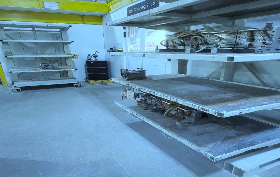 Image of empty shelves after MI Windows and Doors started using a Renegade Parts Washer.