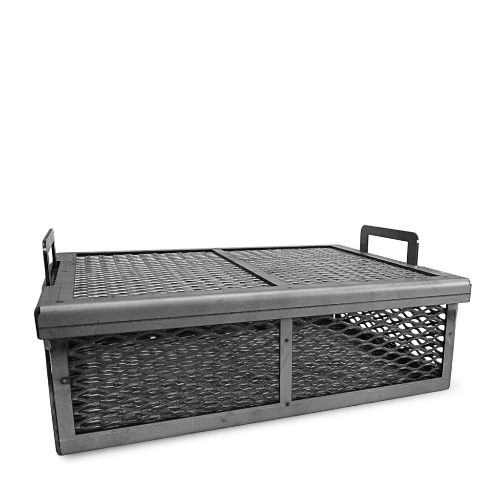 Heavy-duty metal mesh basket with handles, suitable for industrial or storage use.