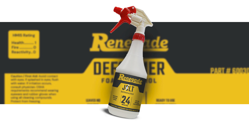 Renegade JOLT degreaser spray bottle on a background with product information
